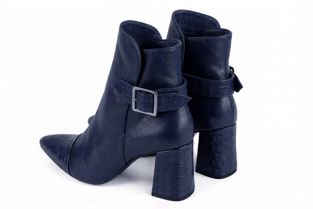 Women's navy blue back-buckle ankle boots with almond toe and mid flared heel - Rear view